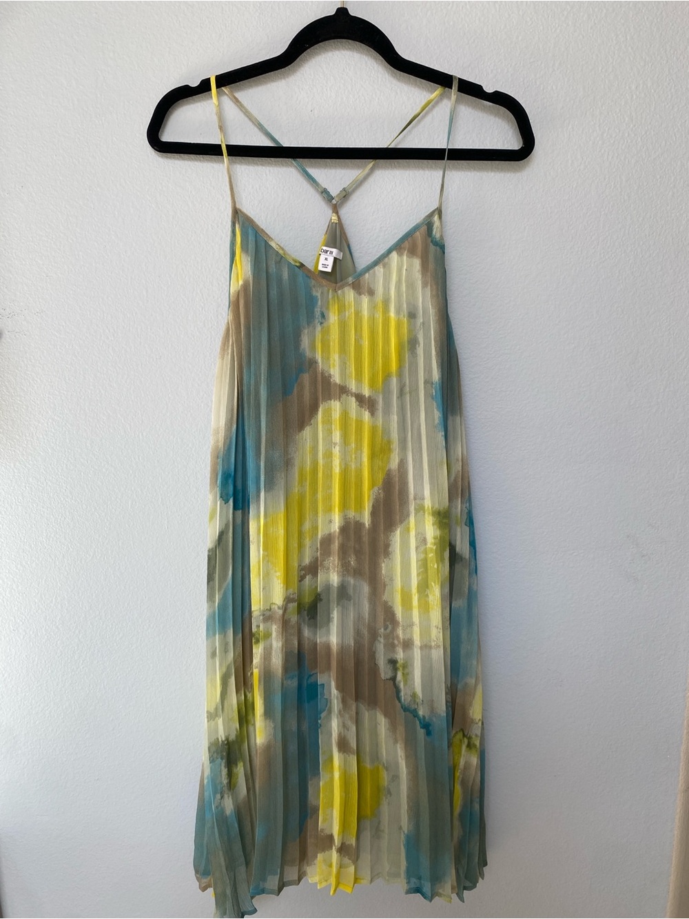 Bar III Watercolor Pleated Midi Dress in Yellow, Blue & Tan
